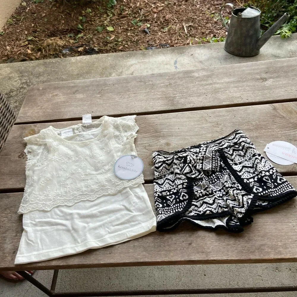 Koala Kids Girls Outfit‎ Size 2T Sahara Black Cream Lace Funky Print Top Shorts